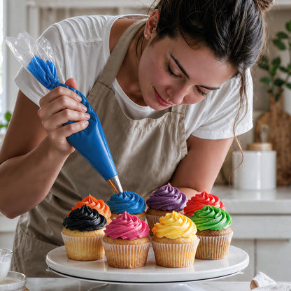 Frau spritzt blaue Buttercreme auf Cupcakes in acht Farben, gefärbt mit ölbasierter Lebensmittelfarbe