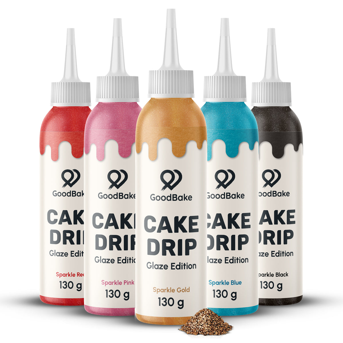 GoodBake Cake Drip Glaze Edition 5er Set: Flaschen in Rot, Pink, Gold, Blau und Schwarz (je 130 g)
