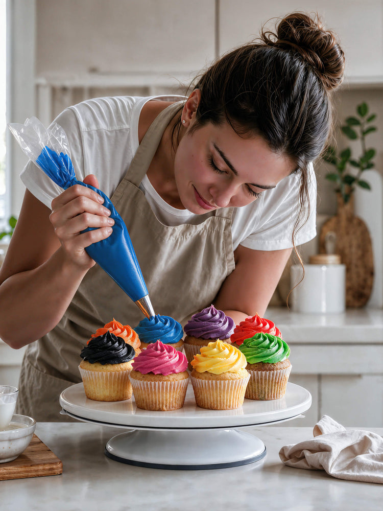 Cupcakes mit bunter Buttercreme werden mit dem Spritzbeutel verziert, gefärbt mit ölbasierter Lebensmittelfarbe