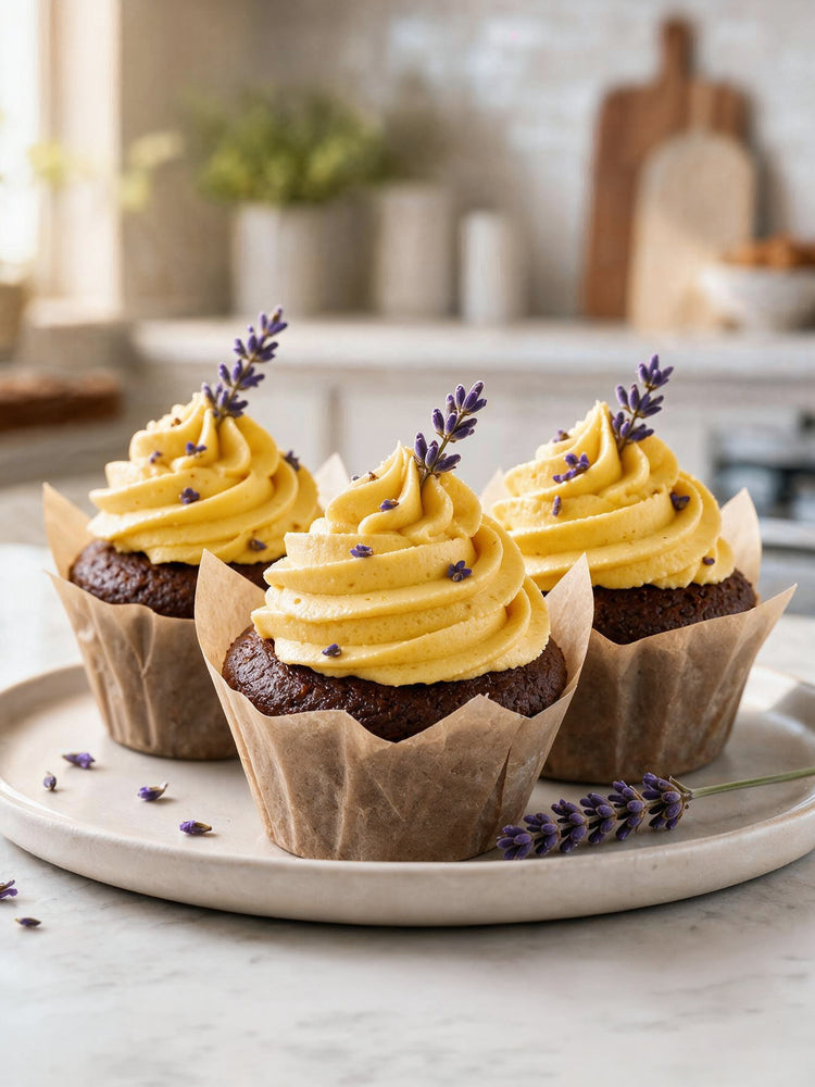 Schoko-Cupcakes mit gelber Buttercreme und Lavendelblüten, gefärbt mit ölbasierter Lebensmittelfarbe
