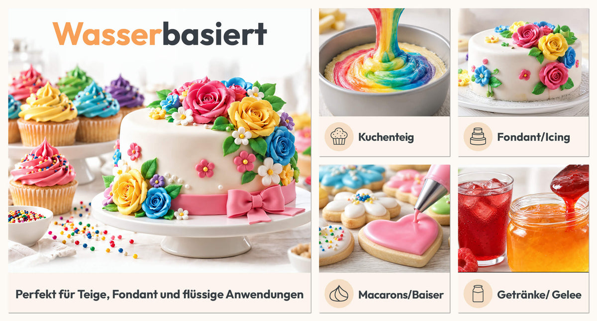 Wasserbasierte Lebensmittelfarbe: perfekt für Kuchenteig, Fondant und Icing, Macarons und Baiser sowie Getränke und Gelee