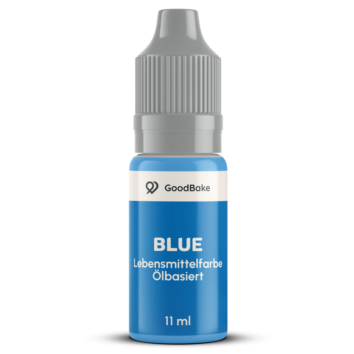 Ölbasierte Lebensmittelfarbe Blau 11 ml von GoodBake in der Tropfflasche mit grauem Sicherheitsverschluss
