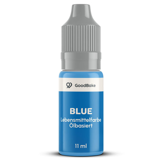 Ölbasierte Lebensmittelfarbe Blau 11 ml von GoodBake in der Tropfflasche mit grauem Sicherheitsverschluss