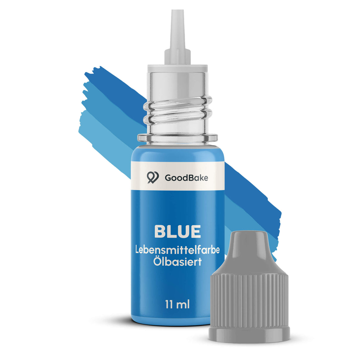 Geöffnete Tropfflasche der ölbasierten Farbe Blau mit abgenommener Kappe vor einem Farbstrich in Blau