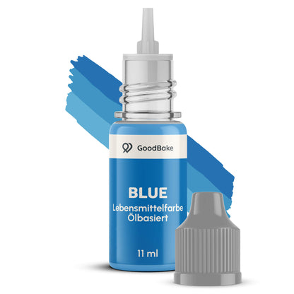 Geöffnete Tropfflasche der ölbasierten Farbe Blau mit abgenommener Kappe vor einem Farbstrich in Blau
