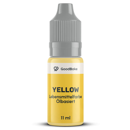 Ölbasierte Lebensmittelfarbe Gelb 11 ml von GoodBake in der Tropfflasche mit grauem Sicherheitsverschluss