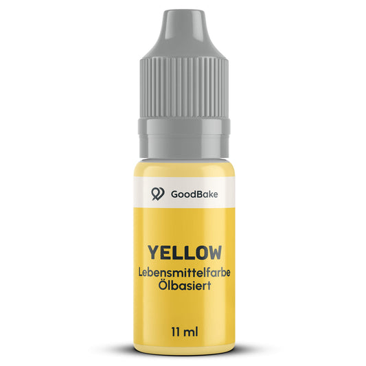 Ölbasierte Lebensmittelfarbe Gelb 11 ml von GoodBake in der Tropfflasche mit grauem Sicherheitsverschluss