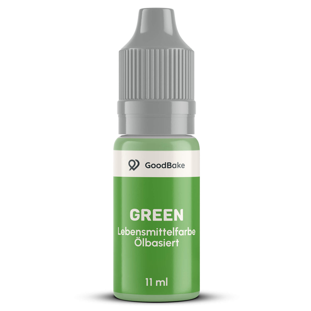 Ölbasierte Lebensmittelfarbe Grün 11 ml von GoodBake in der Tropfflasche mit grauem Sicherheitsverschluss