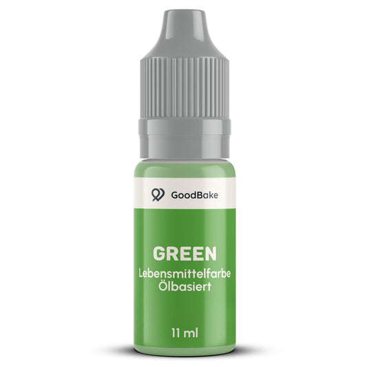 Ölbasierte Lebensmittelfarbe Grün 11 ml von GoodBake in der Tropfflasche mit grauem Sicherheitsverschluss