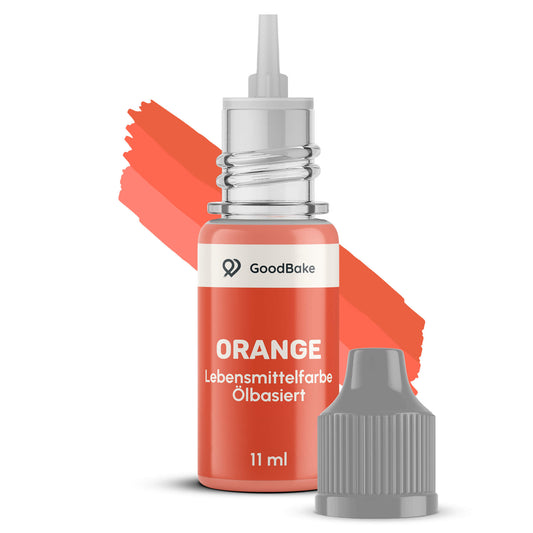 Geöffnete Tropfflasche der ölbasierten Farbe Orange mit abgenommener Kappe vor einem Farbstrich in Orange