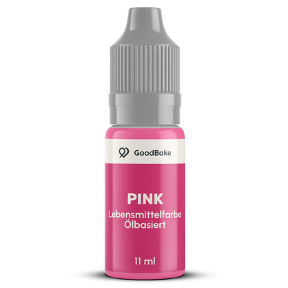 Ölbasierte Lebensmittelfarbe Pink 11 ml von GoodBake in der Tropfflasche mit grauem Sicherheitsverschluss