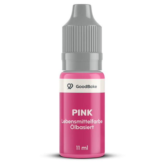 Ölbasierte Lebensmittelfarbe Pink 11 ml von GoodBake in der Tropfflasche mit grauem Sicherheitsverschluss