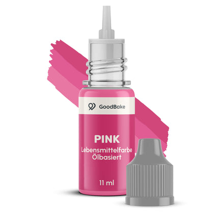 Geöffnete Tropfflasche der ölbasierten Farbe Pink mit abgenommener Kappe vor einem Farbstrich in Pink