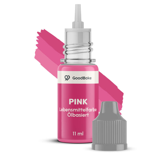 Geöffnete Tropfflasche der ölbasierten Farbe Pink mit abgenommener Kappe vor einem Farbstrich in Pink