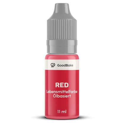 Ölbasierte Lebensmittelfarbe Rot 11 ml von GoodBake in der Tropfflasche mit grauem Sicherheitsverschluss