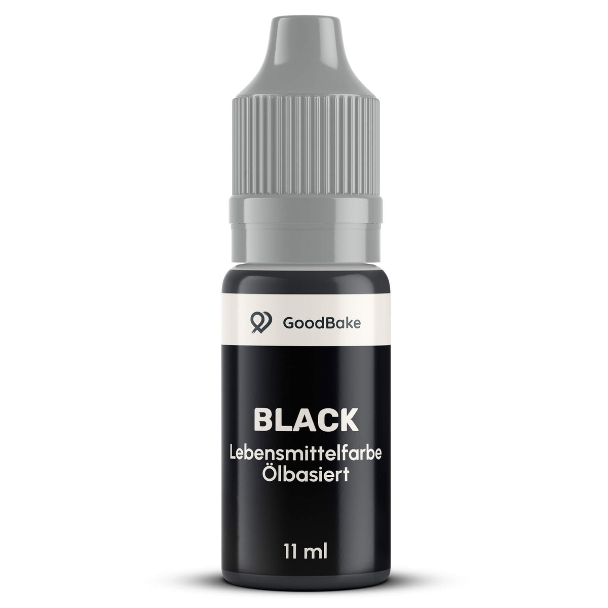 Ölbasierte Lebensmittelfarbe Schwarz 11 ml von GoodBake in der Tropfflasche mit grauem Sicherheitsverschluss