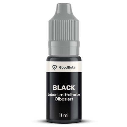 Ölbasierte Lebensmittelfarbe Schwarz 11 ml von GoodBake in der Tropfflasche mit grauem Sicherheitsverschluss