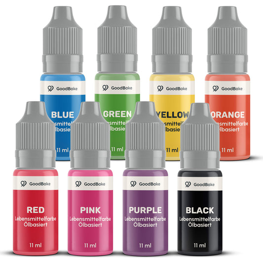 8 ölbasierte Lebensmittelfarben à 11 ml im GoodBake Basic Set: Blau, Grün, Gelb, Orange, Rot, Pink, Lila, Schwarz