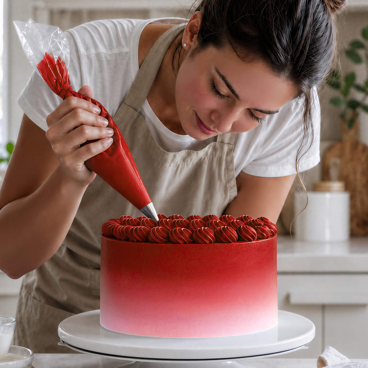 Frau spritzt Buttercreme-Tupfen in Rot auf eine Torte mit Farbverlauf von Rot zu Weiß