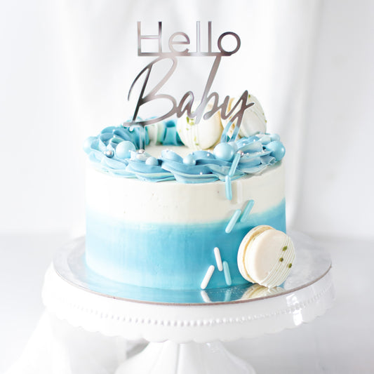 Großer Cake Topper aus Acrylglas "Hello Baby" (Silber)
