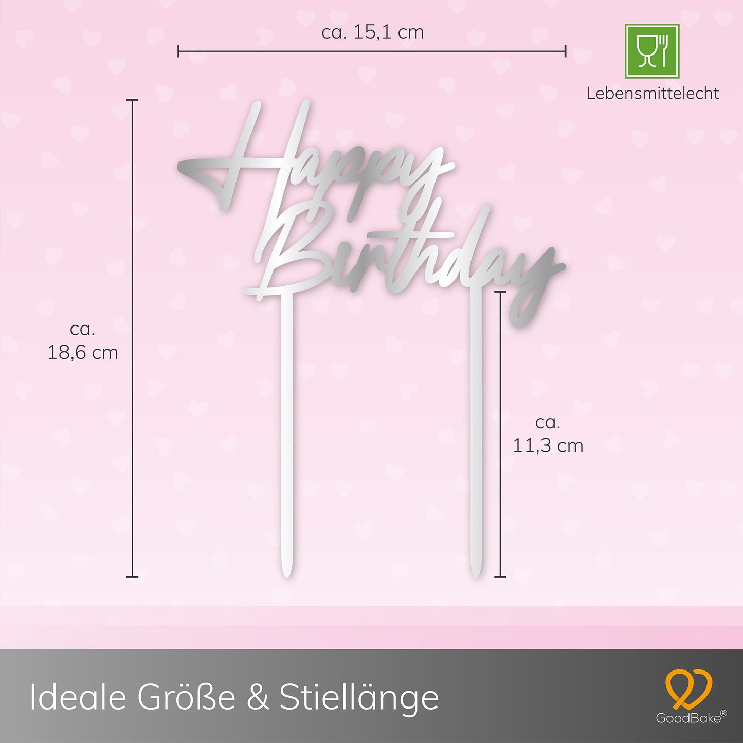Großer Cake Topper aus Acrylglas "Happy Birthday" (Silber)