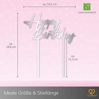 Großer Cake Topper aus Acrylglas "Happy Birthday" (Silber)