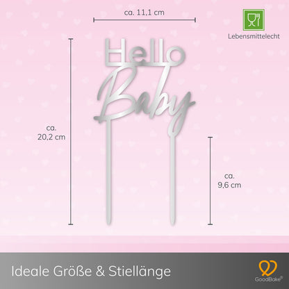 Großer Cake Topper aus Acrylglas "Hello Baby" (Silber)