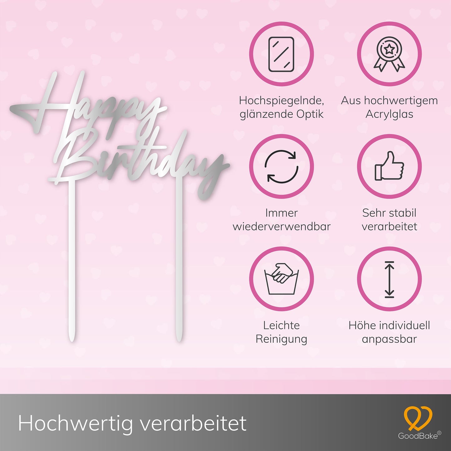 Großer Cake Topper aus Acrylglas "Happy Birthday" (Silber)