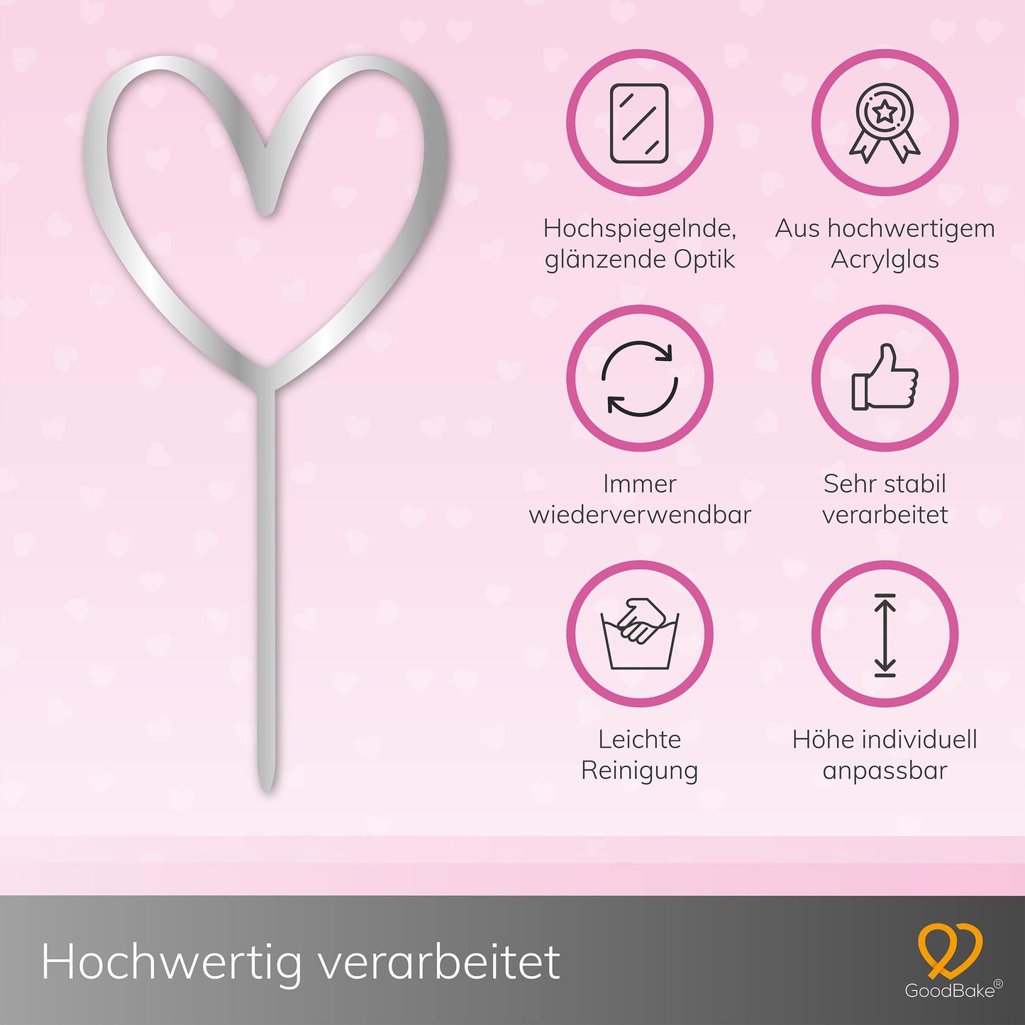 Großer Cake Topper aus Acrylglas "Heart" (Silber)