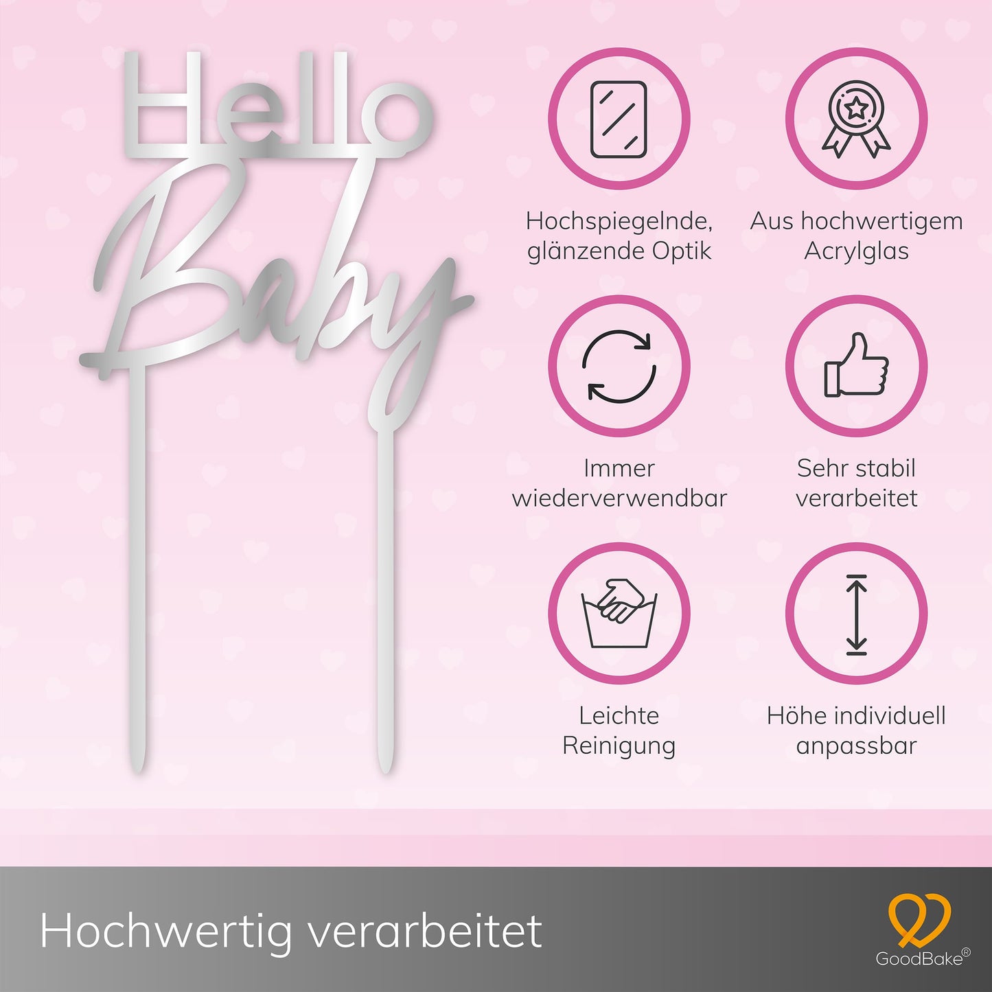 Großer Cake Topper aus Acrylglas "Hello Baby" (Silber)
